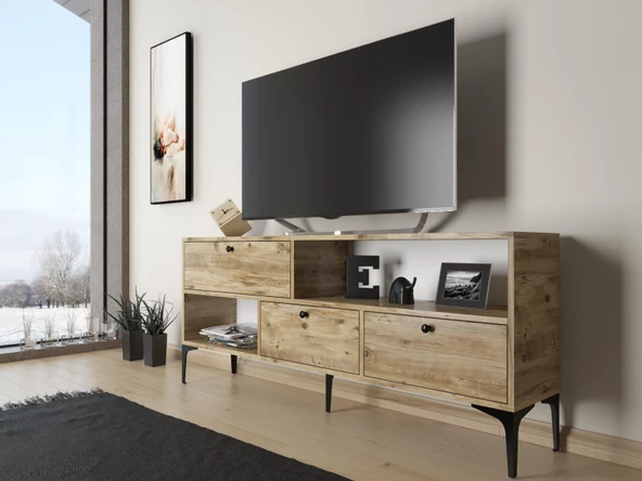 Wood'n Love Katre 150 Cm Metal Ayaklı Tv Ünitesi - Atlantik Çam / Siyah