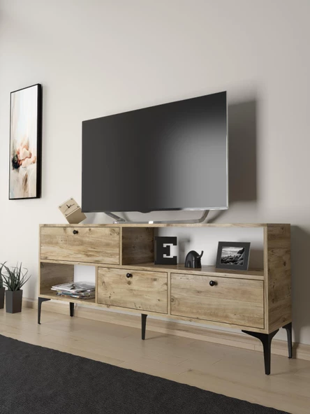 Wood'n Love Katre 150 Cm Metal Ayaklı Tv Ünitesi - Atlantik Çam / Siyah - 4