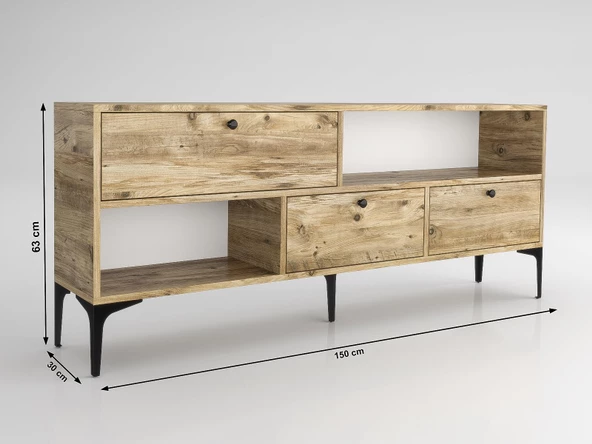 Wood'n Love Katre 150 Cm Metal Ayaklı Tv Ünitesi - Atlantik Çam / Siyah - 6