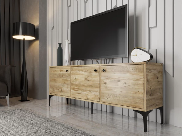 Wood'n Love Bello 160 Cm Metal Ayaklı Tv Ünitesi - Konsol - Atlantik Çam / Siyah