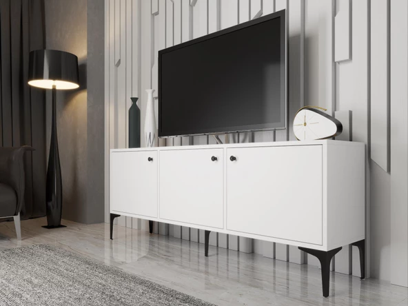 Wood'n Love Bello 160 Cm Metal Ayaklı Tv Ünitesi - Konsol - Beyaz / Siyah