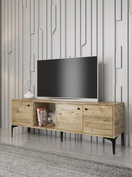 Wood'n Love Hira 160 Cm Metal Ayaklı Tv Ünitesi - Atlantik Çam / Siyah - 4
