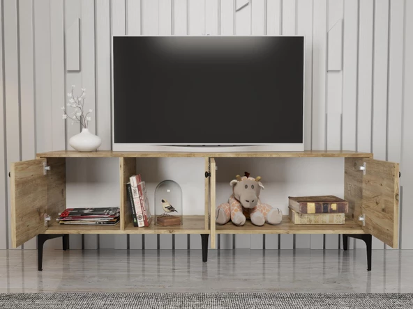 Wood'n Love Hira 160 Cm Metal Ayaklı Tv Ünitesi - Atlantik Çam / Siyah - 3