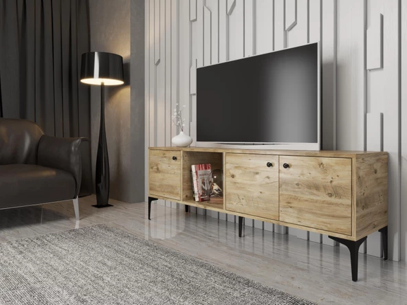Wood'n Love Hira 160 Cm Metal Ayaklı Tv Ünitesi - Atlantik Çam / Siyah