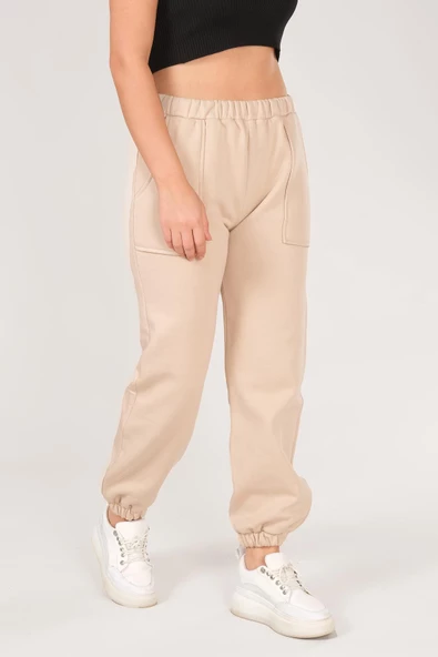 Kadın Paça Lastikli Eşofman Altı Bej