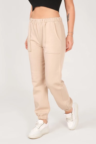 Kadın Paça Lastikli Eşofman Altı Bej - 2