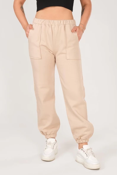 Kadın Paça Lastikli Eşofman Altı Bej - 3