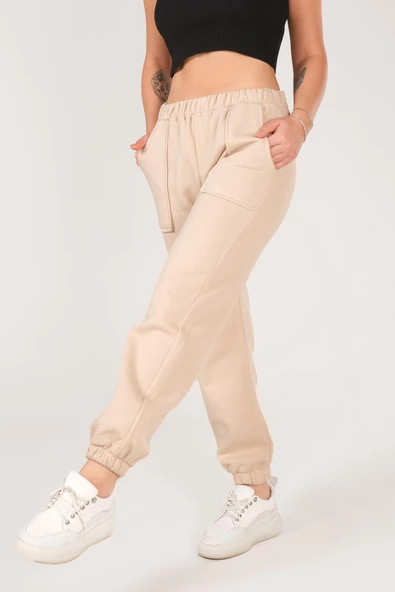 Kadın Paça Lastikli Eşofman Altı Bej - 5