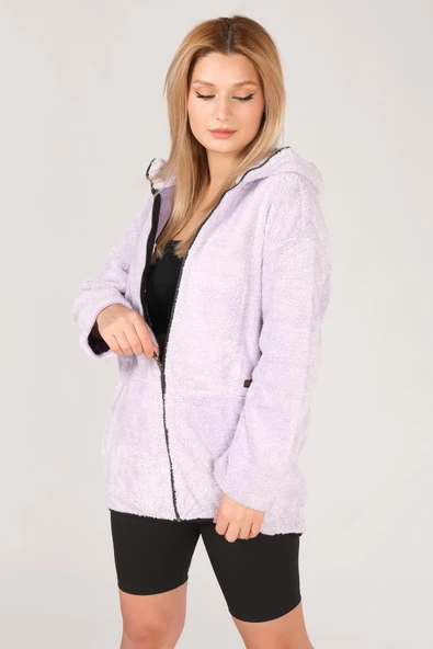 Kadın Kapüşonlu Fermuarlı Polar Ceket Lila - 3
