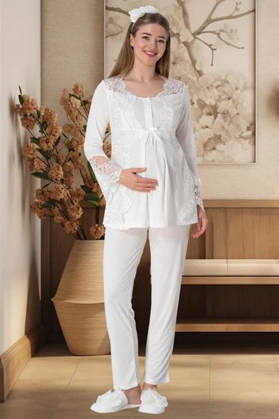 Mecit 5353 Bayan Hamile Lohusa Ekru Sabahlık Pijama Takımı - 5