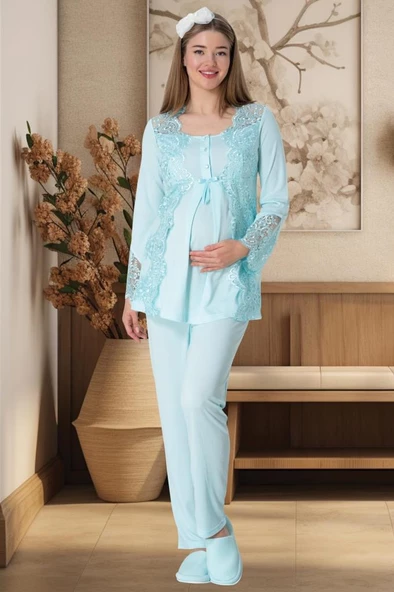 Mecit 5353 Bayan Hamile Lohusa Turkuaz Sabahlık Pijama Takımı - 6