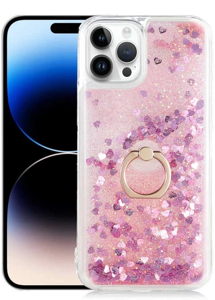 Apple iPhone 14 Pro Max Kılıf Sıvılı Simli Pullu Yüzüklü Standlı Lüx Silikon - 6
