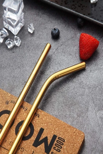 9 Parça Gold Metal Pipet Paslanmaz Çelik Meşrubat Pipeti Çubuk Pipet Temizleme Fırçası - 3