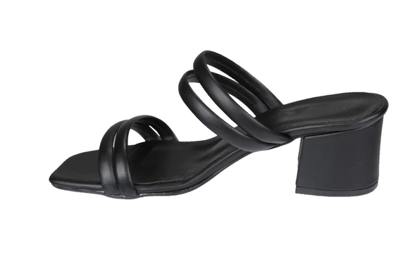 YAZKIŞ İki Bantlı Siyah Cilt  5cm Topuklu Terlik - Resim 3