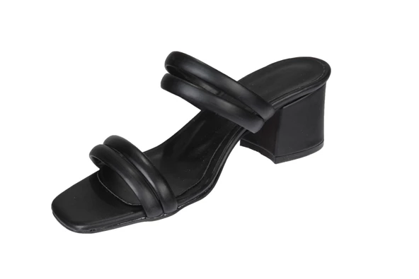 YAZKIŞ İki Bantlı Siyah Cilt  5cm Topuklu Terlik - Resim 4