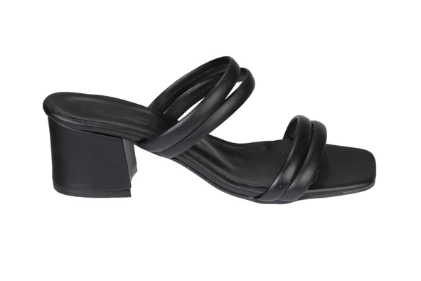 YAZKIŞ İki Bantlı Siyah Cilt  5cm Topuklu Terlik - Resim 2