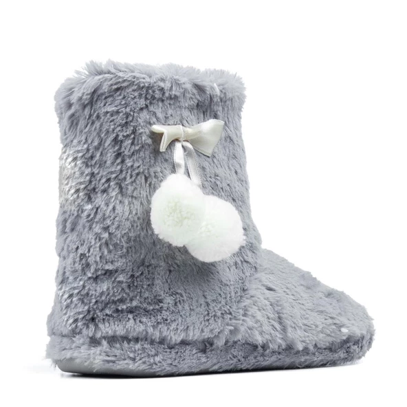 Yaz Kış Kadın Pomponlu Pembe Krem Siyah Gri Kaymaz Taban İçi Polar Panduf Ev Botu - 12