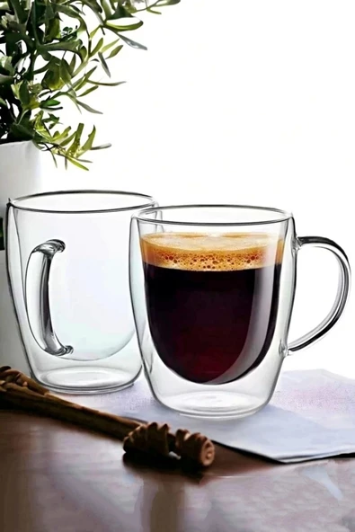 Çift Camlı Çift Cidarlı Cam Kupa 250 ml Ev Ofis Fincanı Çift Katlı Isı Yalıtımlı Kulplu Cam Bardak