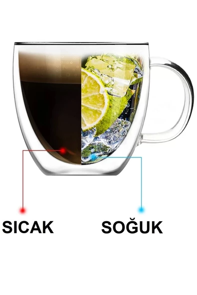 Çift Camlı Çift Cidarlı Cam Kupa 250 ml Ev Ofis Fincanı Çift Katlı Isı Yalıtımlı Kulplu Cam Bardak - 4