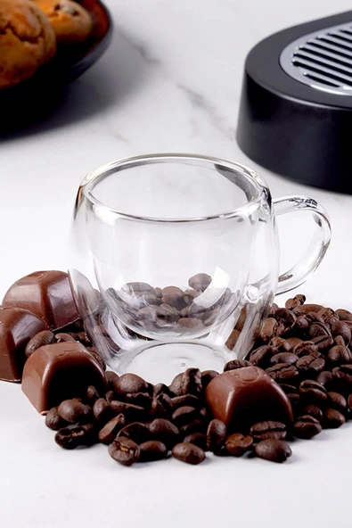 Çift Camlı Çift Cidarlı Cam Kupa 250 ml Ev Ofis Fincanı Çift Katlı Isı Yalıtımlı Kulplu Cam Bardak - 3