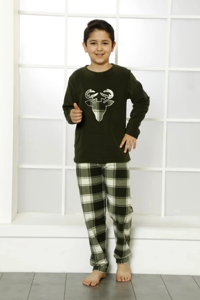 Kışlık Baba Oğul Polar Pijama Takımı -Geyikli Yılbaşı Aile Pijaması- Tek Adet - 8