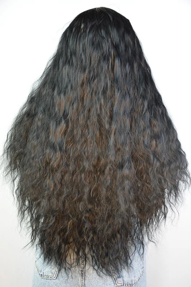 SİYAH Afro Dalgalı Uzun Fiber Sentetik Perçemli Peruk - 2