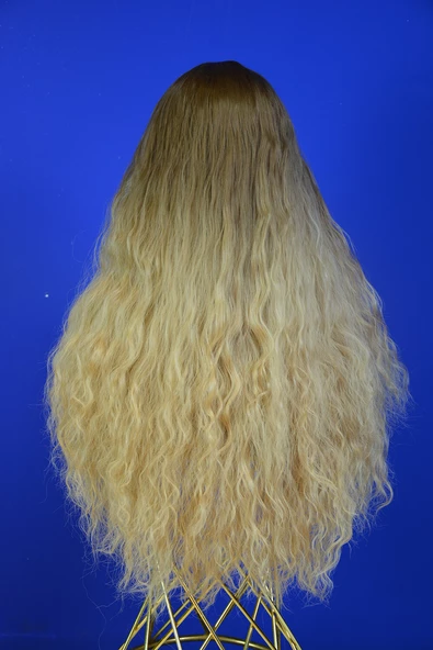 Koyu Kahve - Karamel Afro Dalgalı Uzun Fiber Sentetik Perçemli Peruk - 2