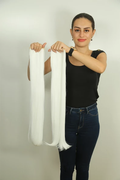 Kır Beyazı Düz Uzun Yarım Ay Saç – SENTETİK Çıt Çıt – 3 Parça - 1