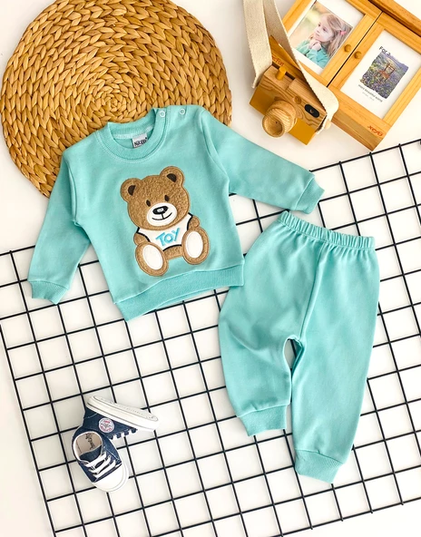 Neşeli Bebekler Kabartma Toy Nakışlı Ayıcık Desen Penye Takım Yeşil ürün görseli