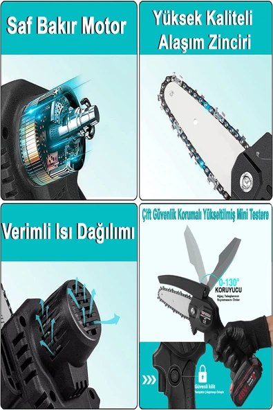 Anadolu Strong Çift Akülü Çift Zincirli Budama Testeresi Taşıma Çantalı 48Vf Şarjlı Testere Eldiven - 3