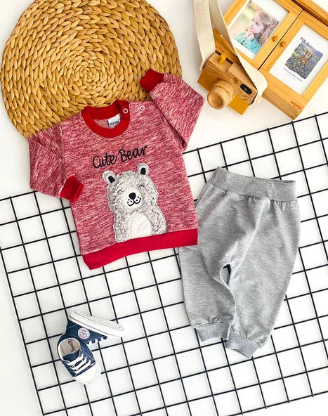 Neşeli Bebekler Cute Bear Kabartma Desen Penye Takım ürün görseli