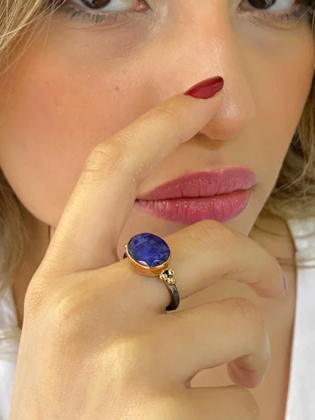 El Üretim Doğal Safir Oval Taş Otantik 925 Ayar Gümüş Yüzük - 3