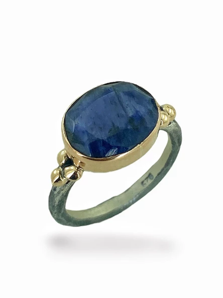 El Üretim Doğal Safir Oval Taş Otantik 925 Ayar Gümüş Yüzük - 4