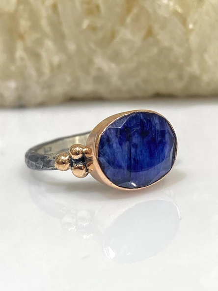 El Üretim Doğal Safir Oval Taş Otantik 925 Ayar Gümüş Yüzük - 2