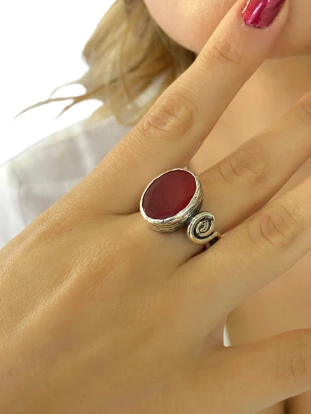 El Üretim Yakut Taş Otantik 925 Ayar Gümüş Yüzük - 3