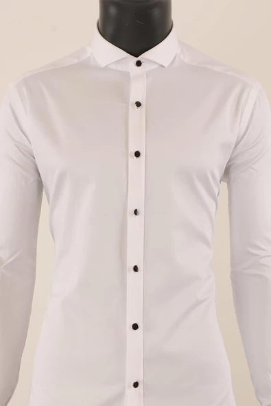 Uzun Kol Slim Fit Damatlık Beyaz Gömlek - 2