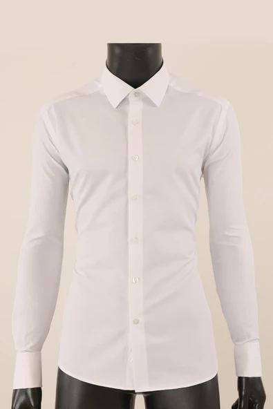 Uzun Kol Slim Fit Damatlık Beyaz Gömlek - 4