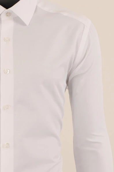 Uzun Kol Slim Fit Damatlık Beyaz Gömlek - 5