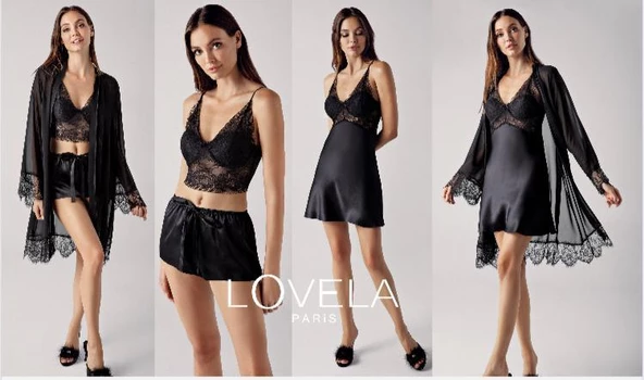 LOWELA PARİS 5004 Siyah Saten Şifonlu 4 Lü Gelin Seti - Resim 3