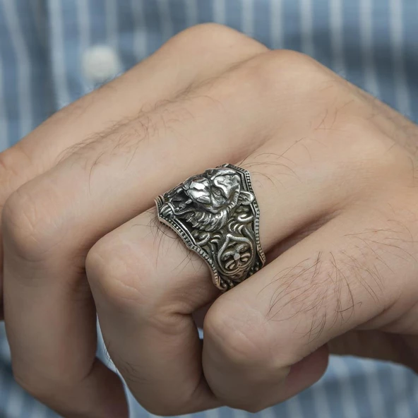 Aslan Başı Motifli Taşsız 925 Gümüş Erkek Yüzük - Resim 11