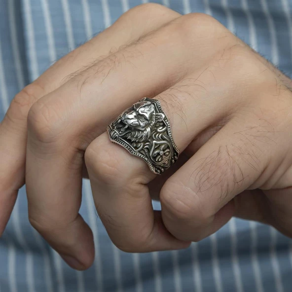 Aslan Başı Motifli Taşsız 925 Gümüş Erkek Yüzük - Resim 4