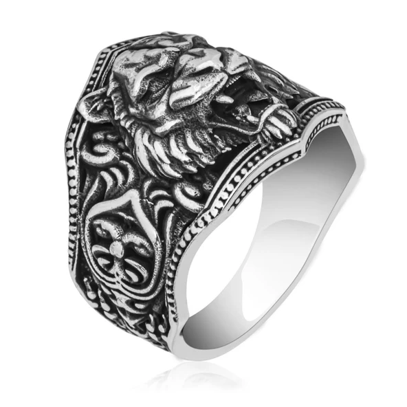 Aslan Başı Motifli Taşsız 925 Gümüş Erkek Yüzük - Resim 7