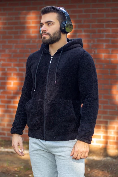 Erkek Siyah Peluş Yumoş Fermuarlı Kapüşonlu Cepli Welsoft Ceket 22ECKTERES - 4
