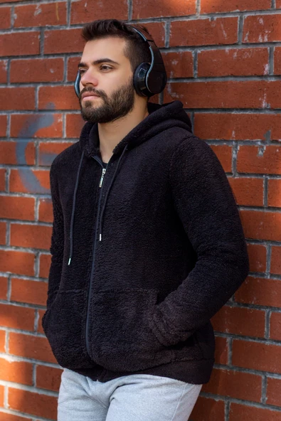 Erkek Siyah Peluş Yumoş Fermuarlı Kapüşonlu Cepli Welsoft Ceket 22ECKTERES - 6