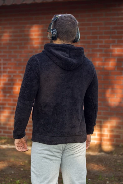 Erkek Siyah Peluş Yumoş Fermuarlı Kapüşonlu Cepli Welsoft Ceket 22ECKTERES - 5