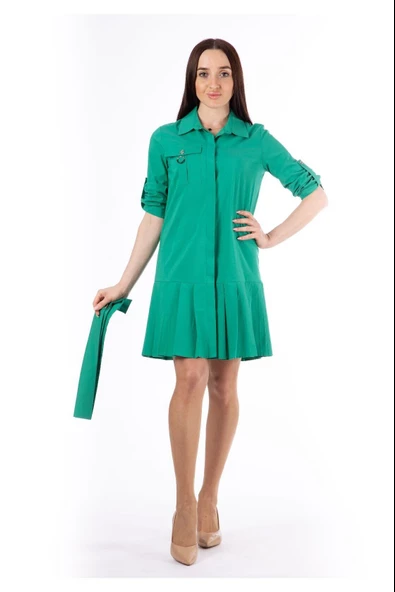 Modatalika Kadın Belden Bağlamalı Gömlek Yaka Elbise - 8