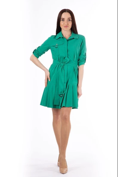 Modatalika Kadın Belden Bağlamalı Gömlek Yaka Elbise - 7