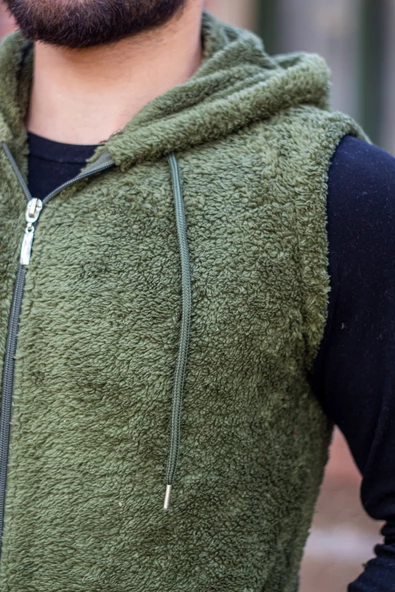 Erkek Haki Peluş Yumoş Fermuarlı Kapüşonlu Yelek 22EYLKPELO - Resim 5