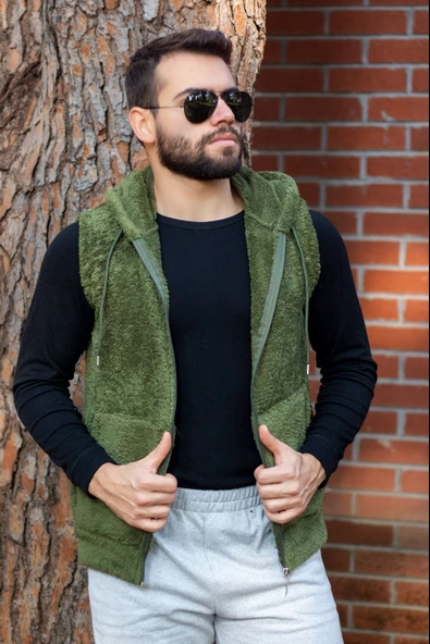 Erkek Haki Peluş Yumoş Fermuarlı Kapüşonlu Yelek 22EYLKPELO ürün görseli