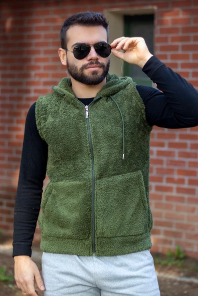 Erkek Haki Peluş Yumoş Fermuarlı Kapüşonlu Yelek 22EYLKPELO - Resim 3